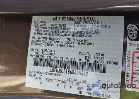 2006 Mercury Milan V6 Premier из США, поврежденный, VIN 3MEHM08186R645362